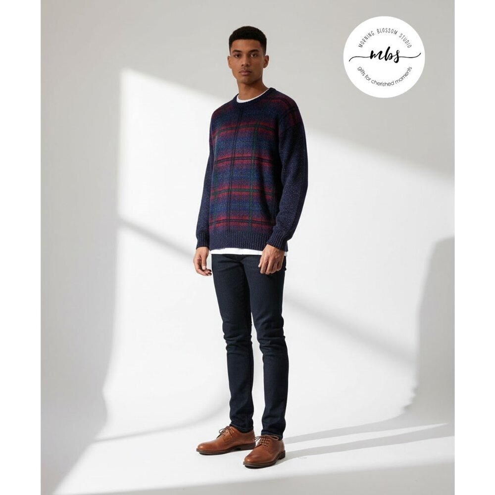 Scott Officer‎ Plaid Crew Neck Wool Silk Blend Sweater Multicolor Men L